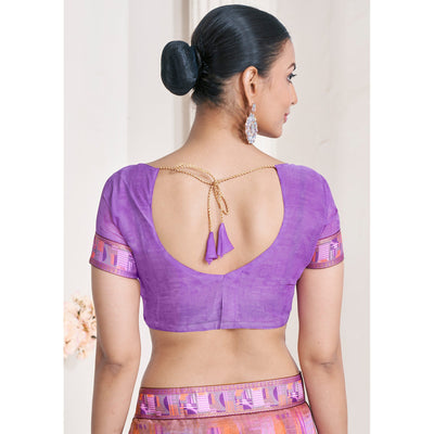 Lavender Geometric Printed Chiffon Saree With Lace Border