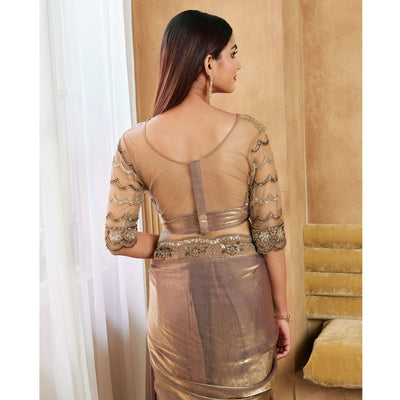 Chikoo Sequins Embroidered Satin Silk Saree