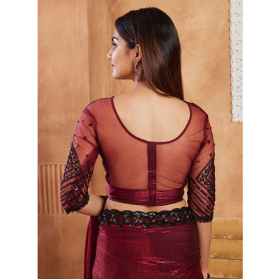 Magenta Sequins Embroidered Satin Silk Saree