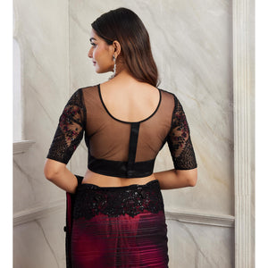 Magenta & Black Floral Sequins Embroidered Georgette Saree