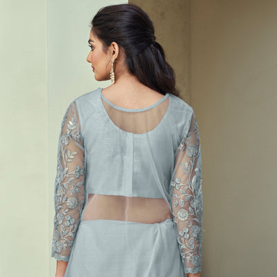 Grey Sequins Embroidered Georgette Saree