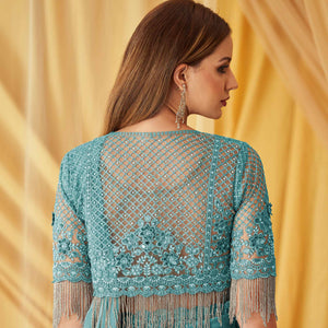 Light Blue Embroidered Satin Saree With Jacket