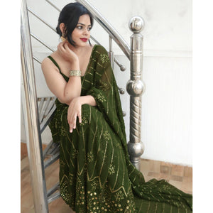 Mehandi Green Sequins Embroidered Georgette Saree