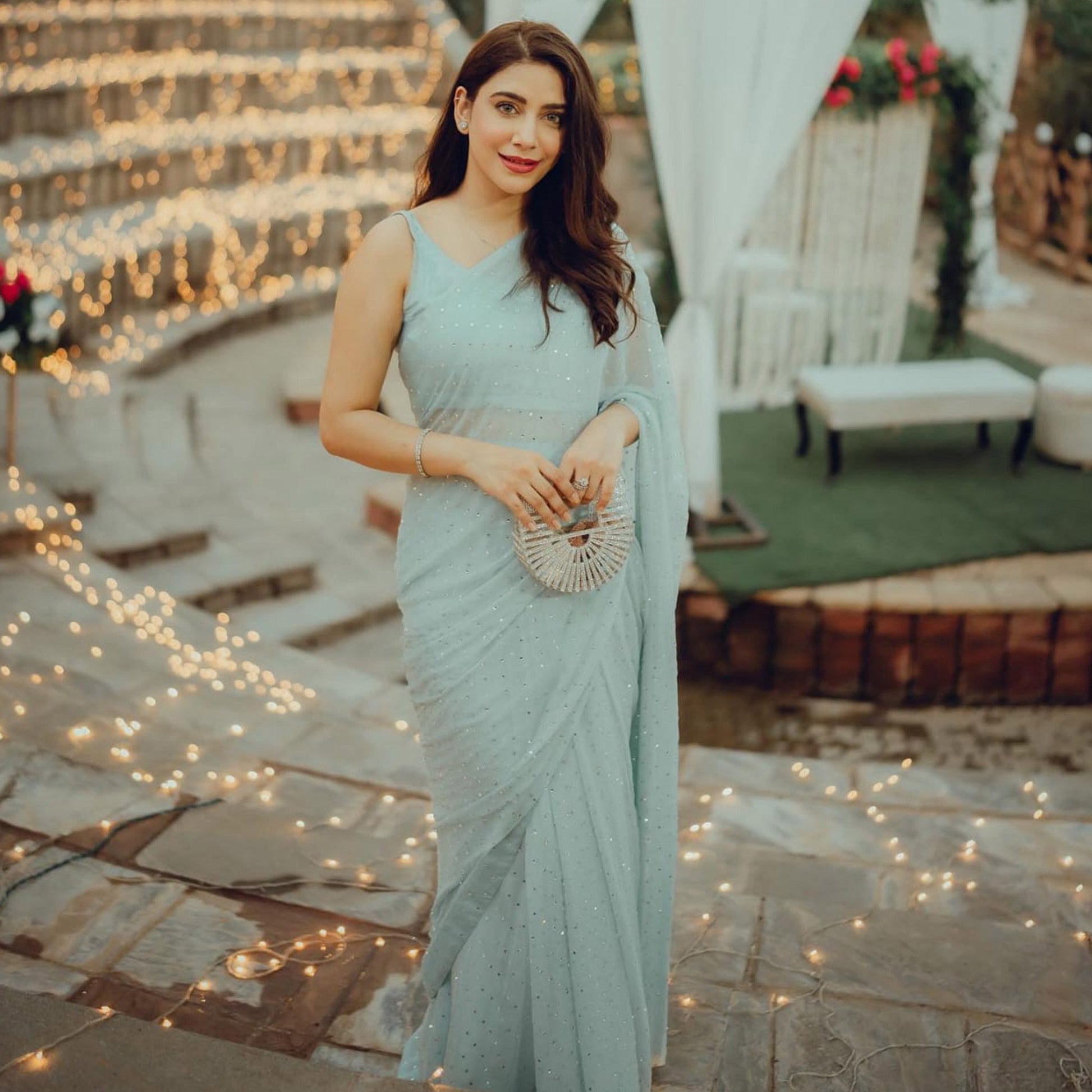 Mint Green Embroidered Georgette Saree