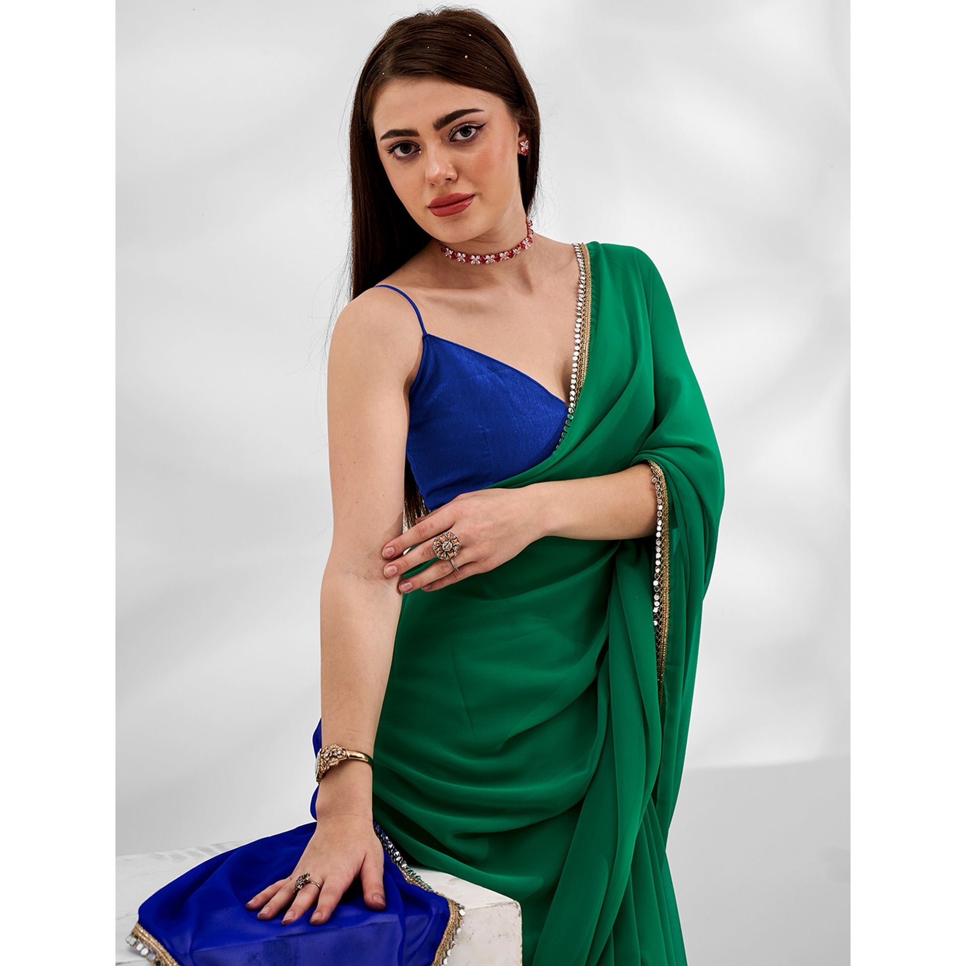 green-blue-solid-georgette-designer-saree