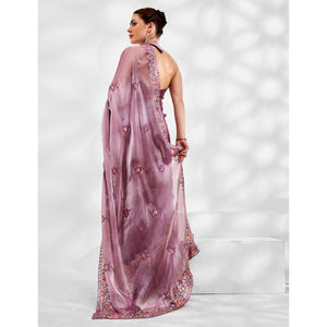 Lavender Floral Embroidered Tissue Saree
