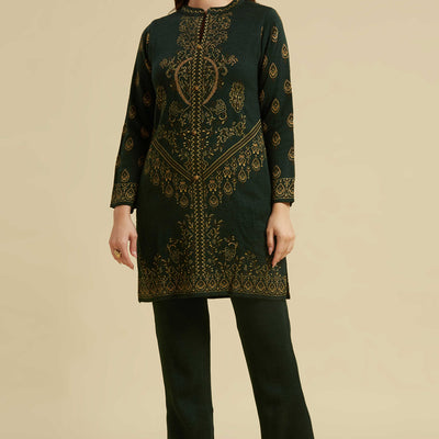 Bottle Green Woven Woolen Straight Top Bottom Set