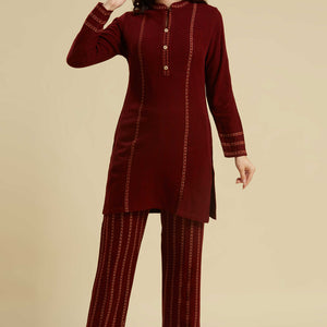 Maroon Woven Woolen Straight Top Bottom Set