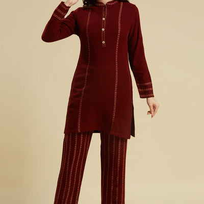 Maroon Woven Woolen Straight Top Bottom Set
