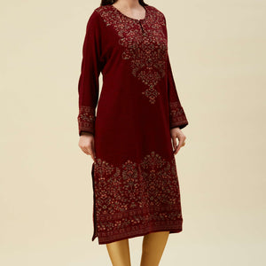 Maroon Floral Woven Woolen Straight Kurti