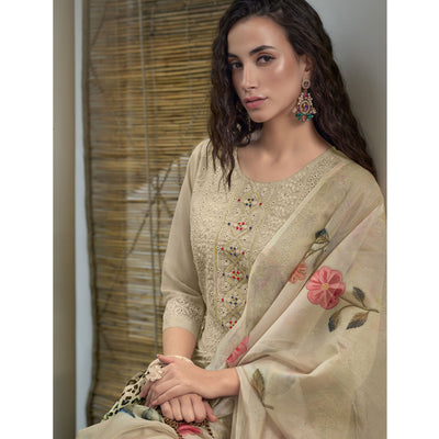 Cream Chikankari With Handwork Organza Salwar Suit