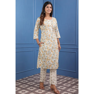 Cream And Brown Floral Printed Pure Cotton Suit