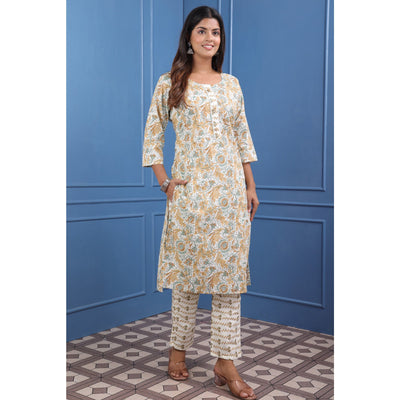 Cream And Brown Floral Printed Pure Cotton Suit