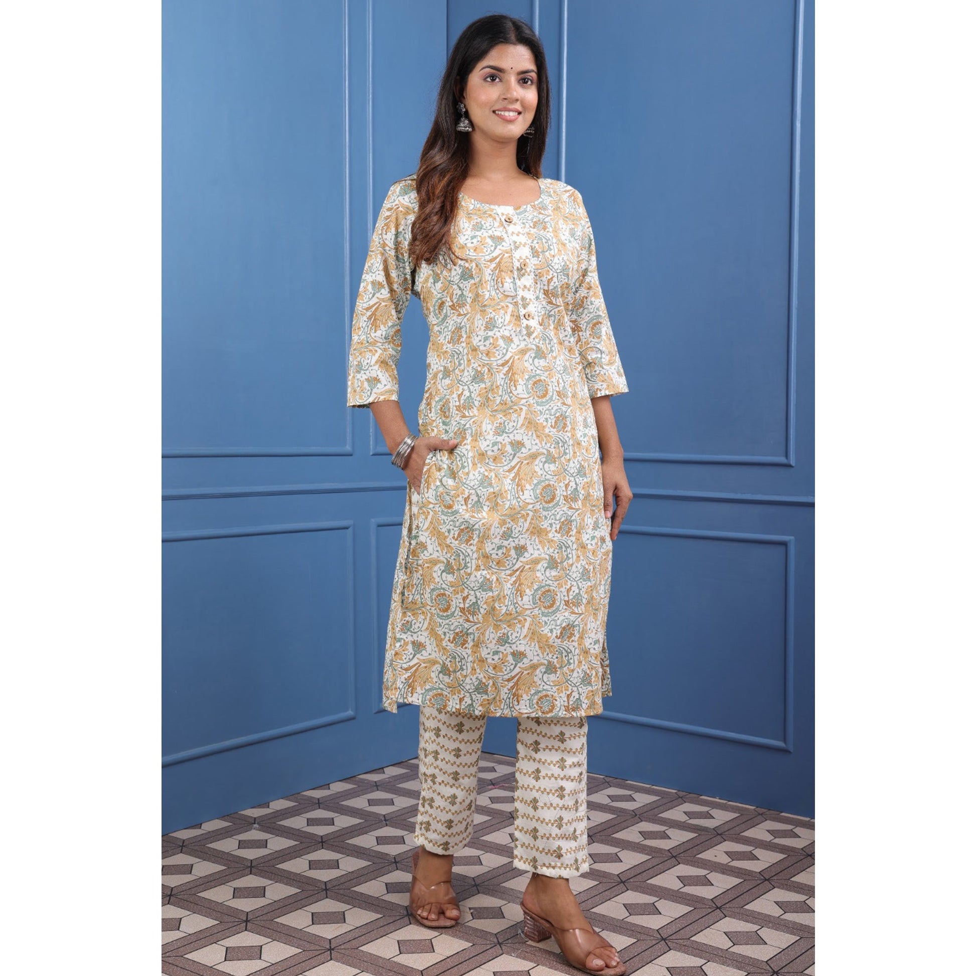 Cream And Brown Floral Printed Pure Cotton Suit