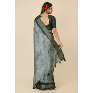 Grey Printed Cotton Silk Saree With Zari Border