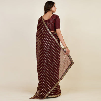 Brown Sequins Embroidered Georgette Saree