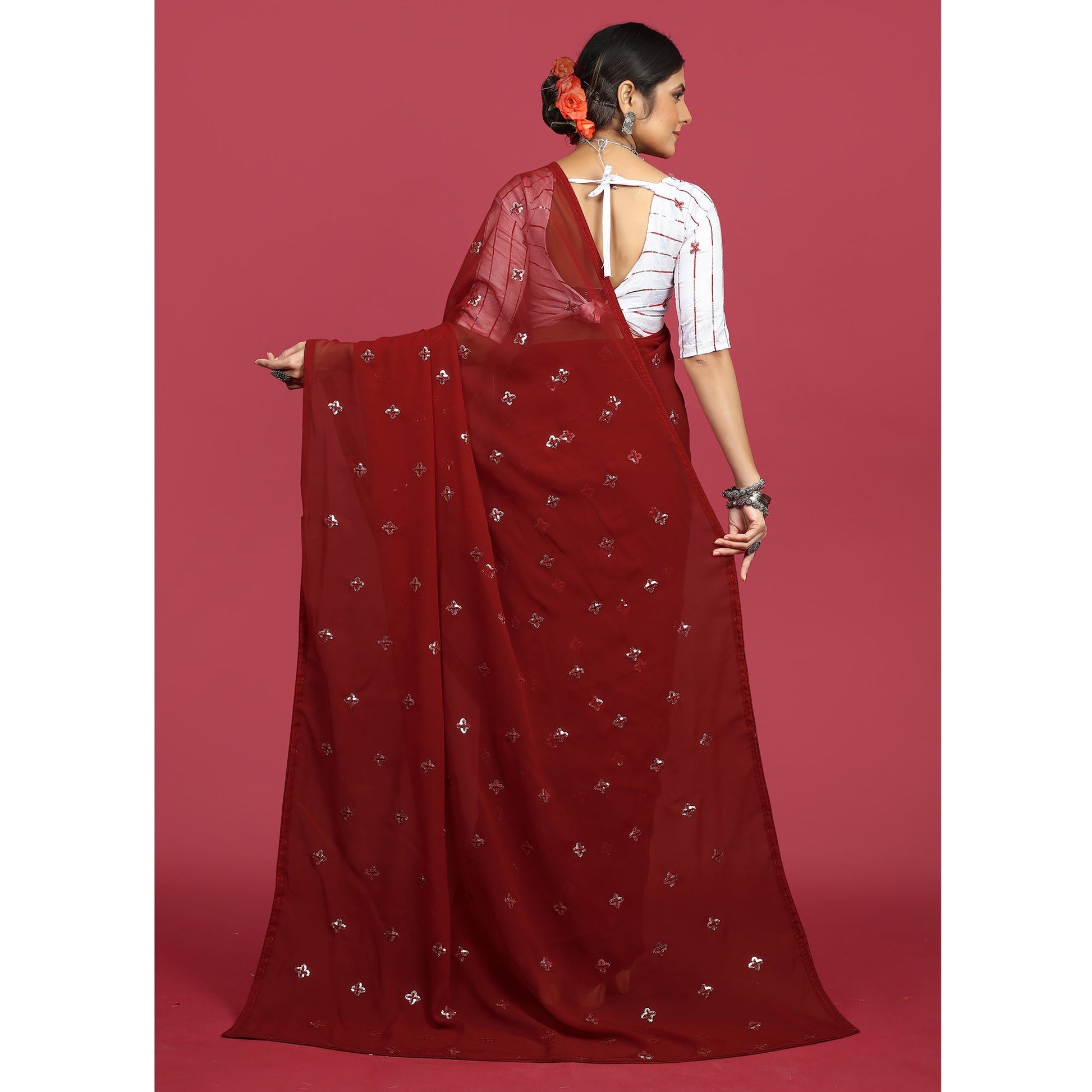 Maroon Sequins Embroidered Georgette Saree