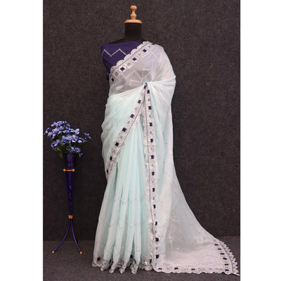Light Blue Sequins Embroidered Chiffon Saree