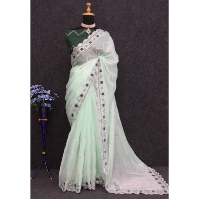 Light Green Sequins Embroidered Chiffon Saree