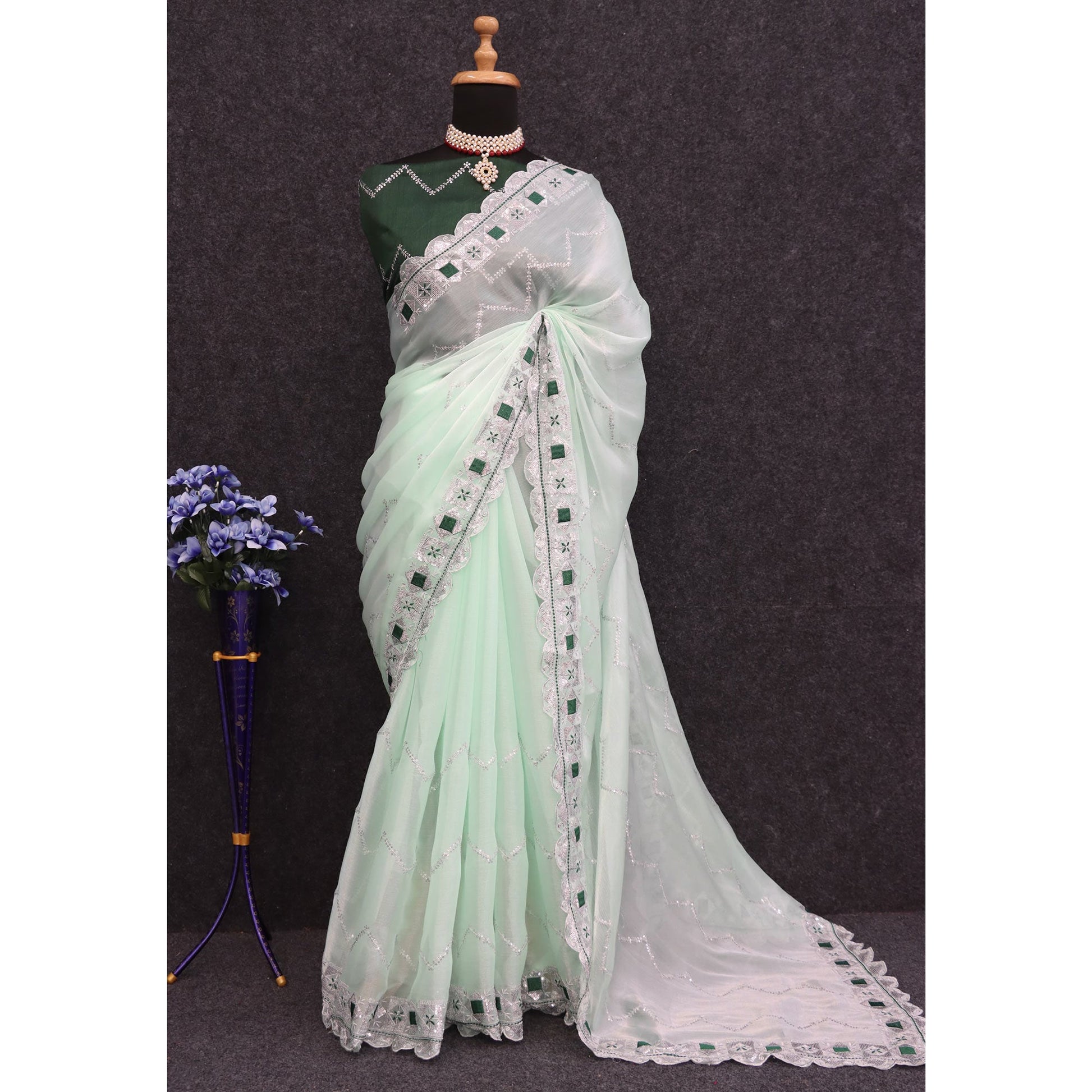 Light Green Sequins Embroidered Chiffon Saree