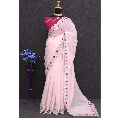 Light Pink Sequins Embroidered Chiffon Saree
