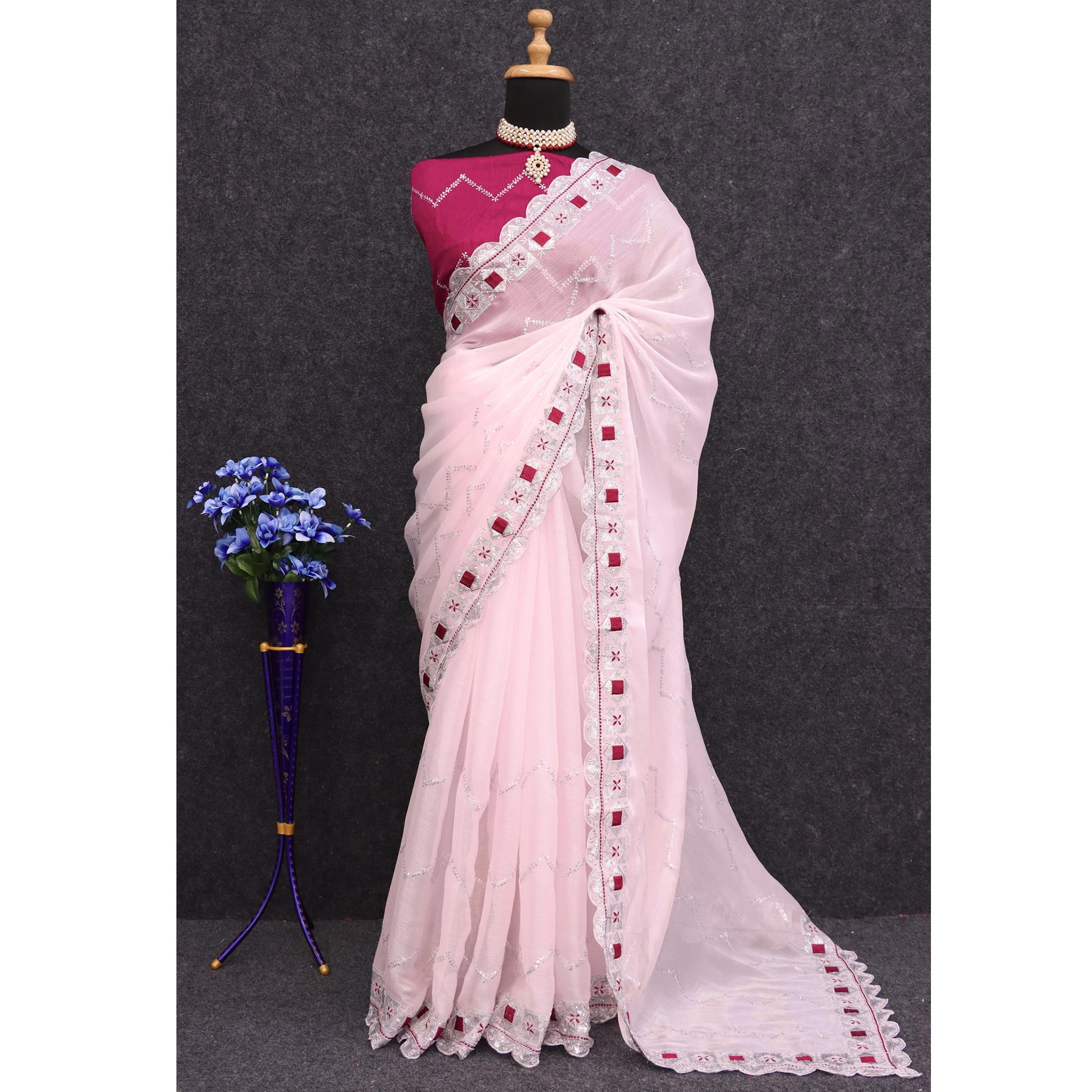 Light Pink Sequins Embroidered Chiffon Saree