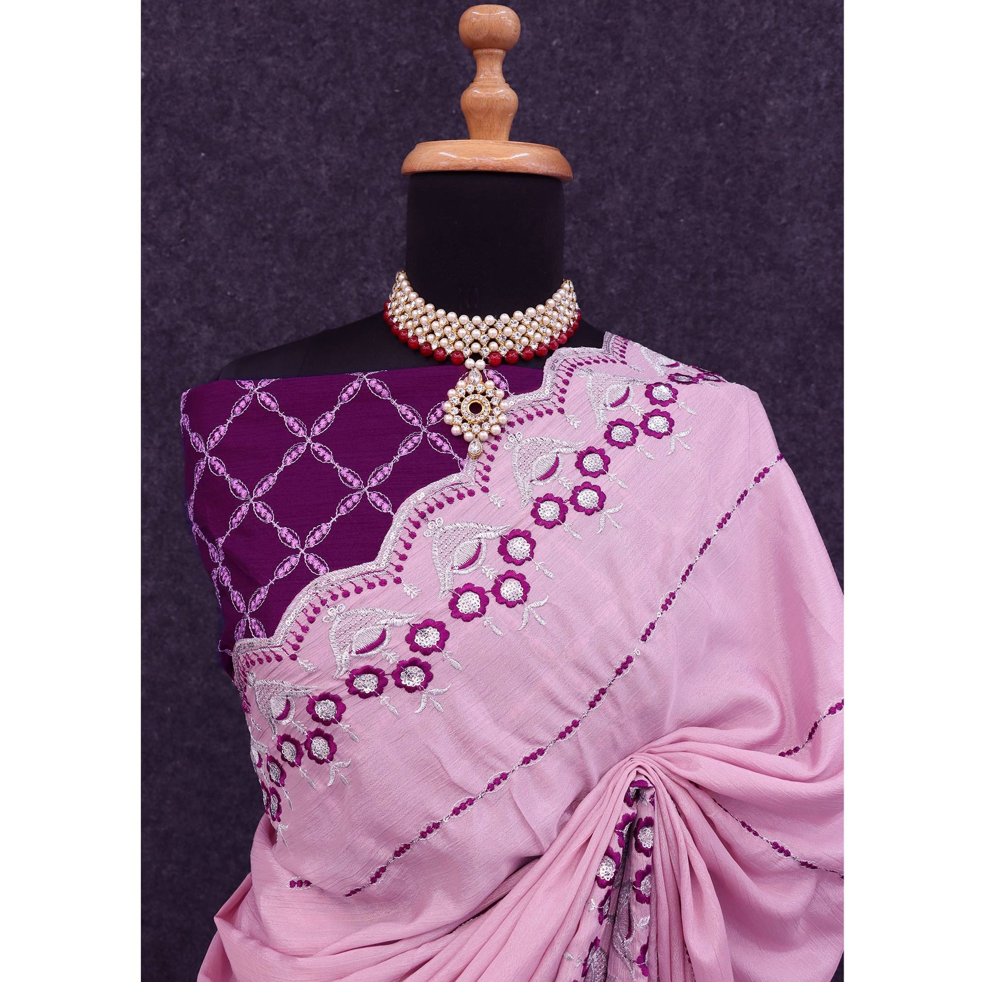 Light Pink Sequins Embroidered Chinon Saree