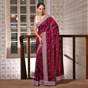 Maroon Embroidered Vichitra Silk Saree