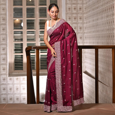 Maroon Embroidered Vichitra Silk Saree