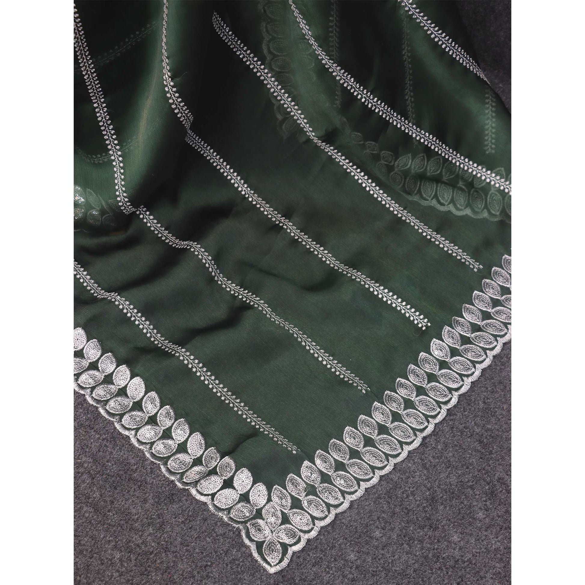 Bottle Green Sequins Embroidered Chiffon Silk Saree