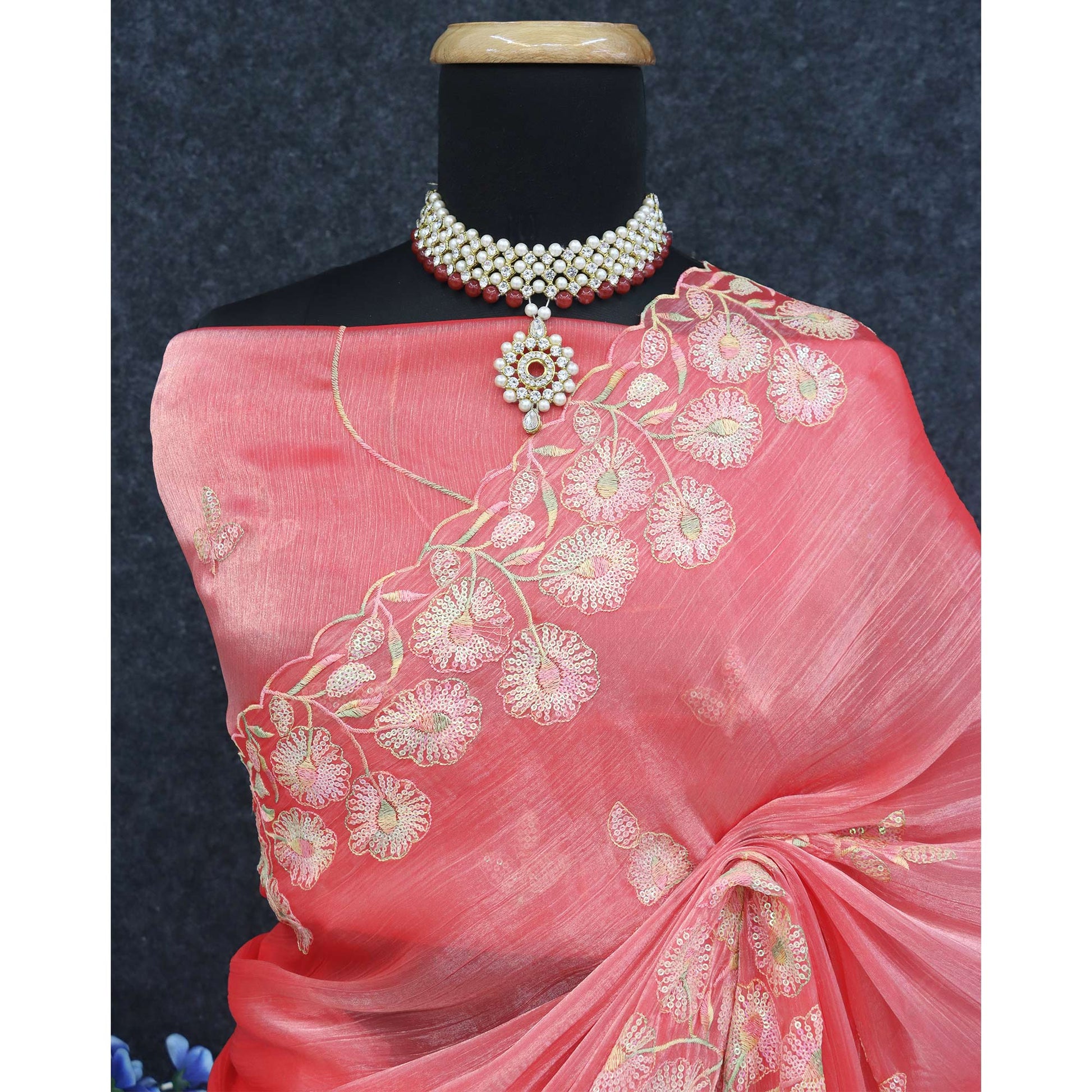 Gajri Pink Sequins Embroidered Chiffon Saree