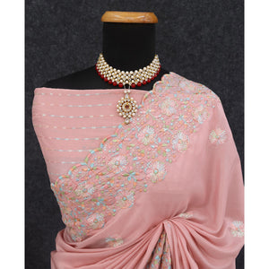 Dusty Pink Floral Sequins Embroidered Crepe Silk Saree