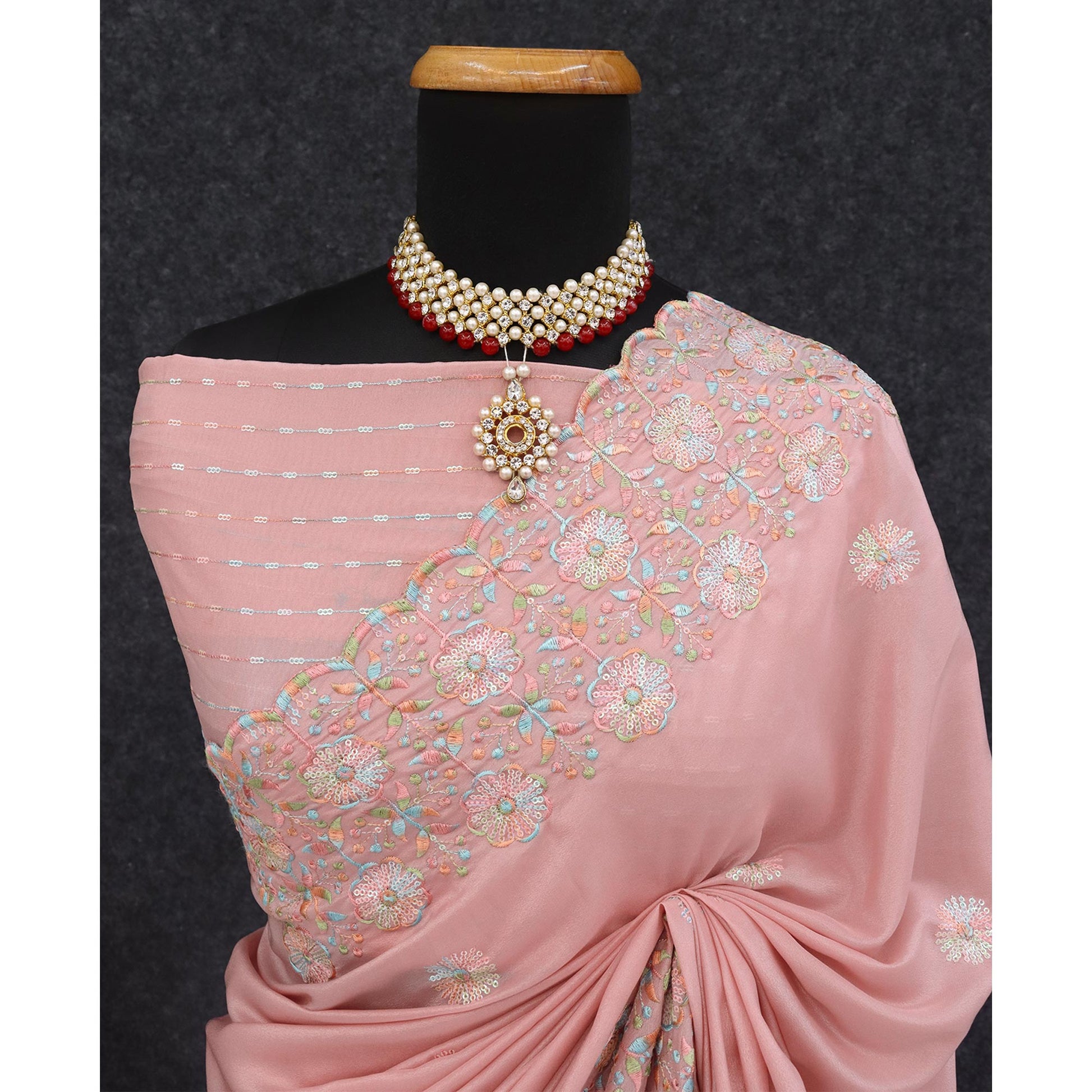 Dusty Pink Floral Sequins Embroidered Crepe Silk Saree