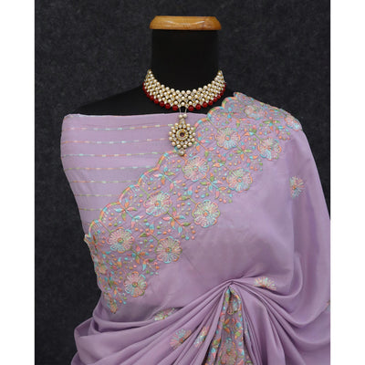 Light Purple Floral Sequins Embroidered Crepe Silk Saree