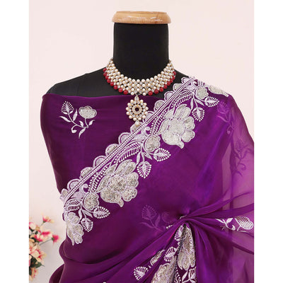 Magenta Floral Embroidered Satin Saree