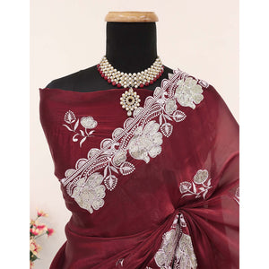 Maroon Floral Embroidered Satin Saree
