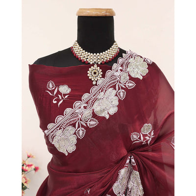 Maroon Floral Embroidered Satin Saree