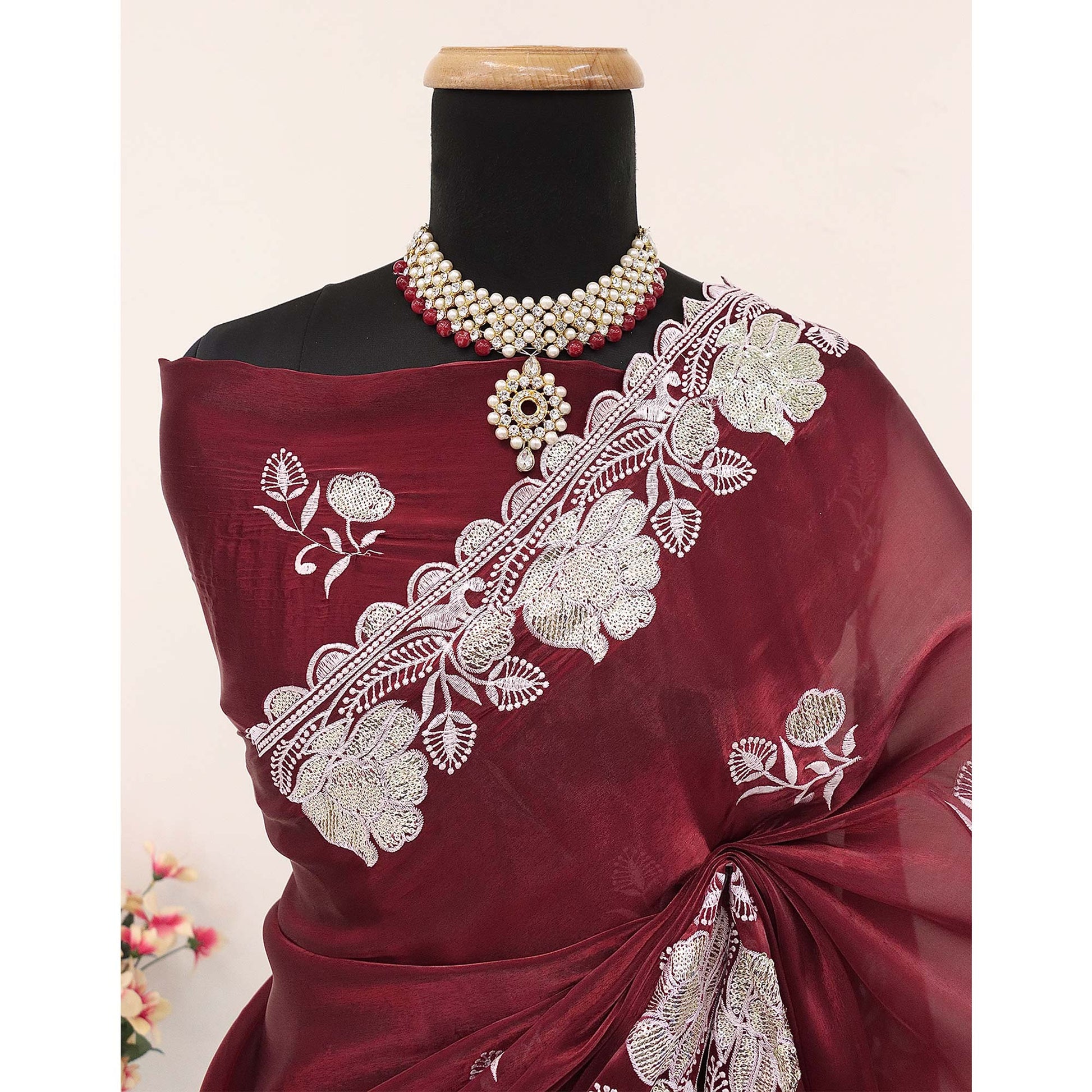 Maroon Floral Embroidered Satin Saree