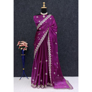 Magenta Sequins Embroidered Satin Saree