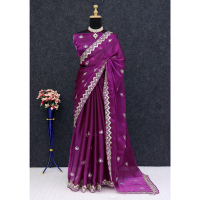 Magenta Sequins Embroidered Satin Saree