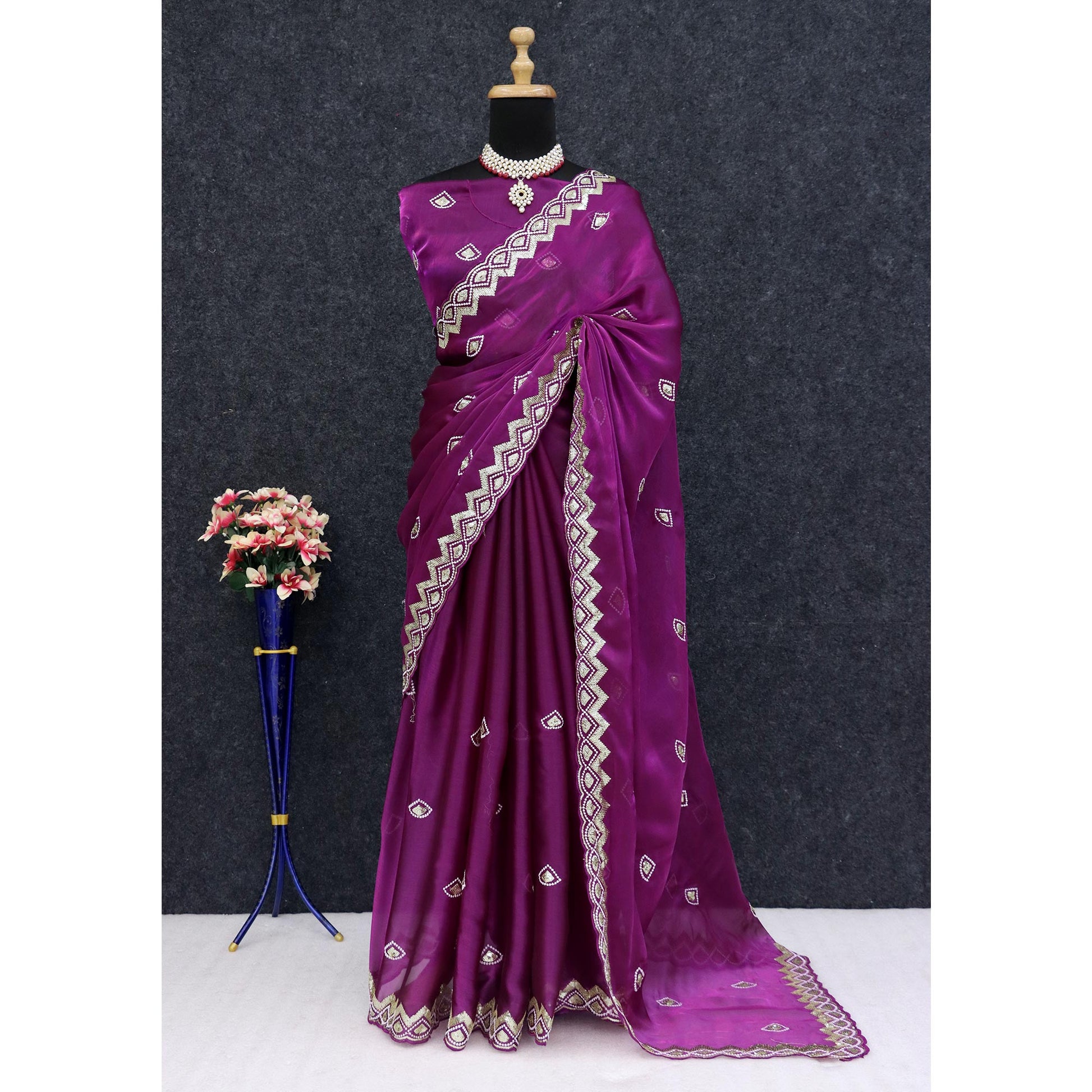 Magenta Sequins Embroidered Satin Saree