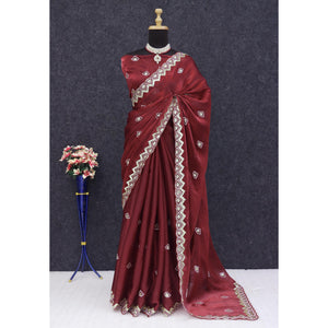 Maroon Sequins Embroidered Satin Saree