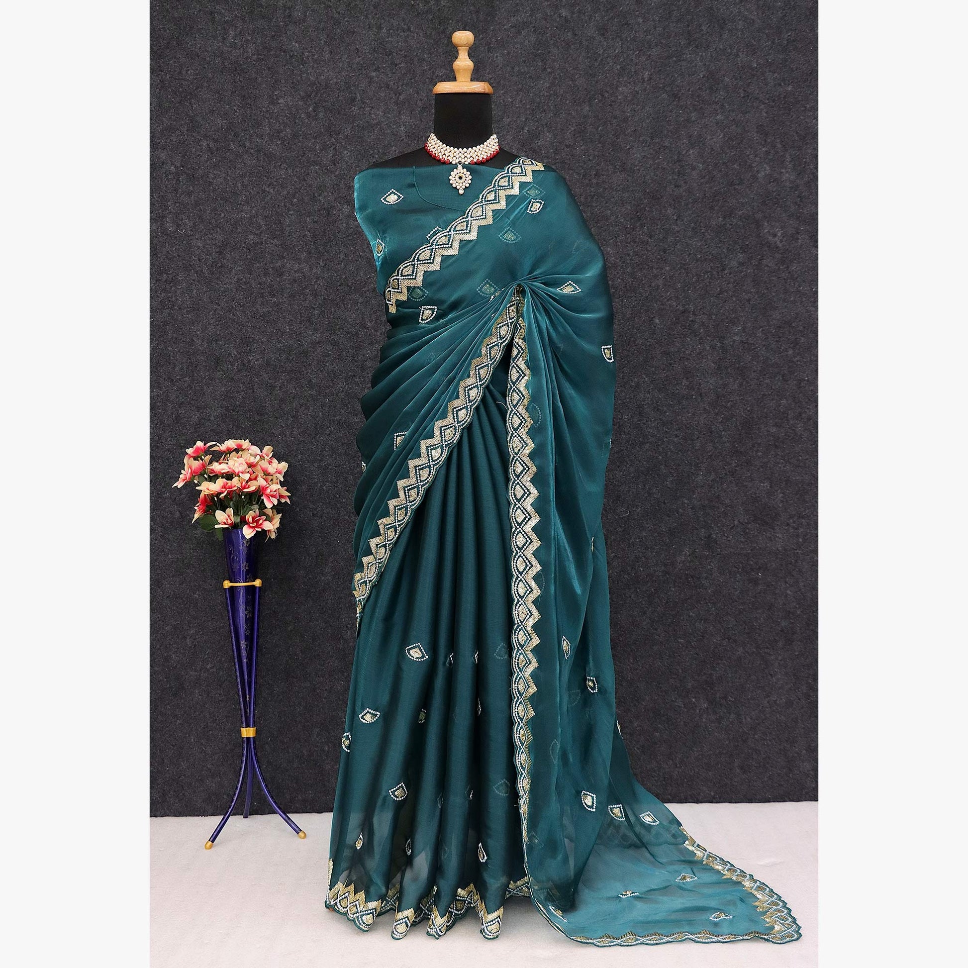 Morpich Blue Sequins Embroidered Satin Saree