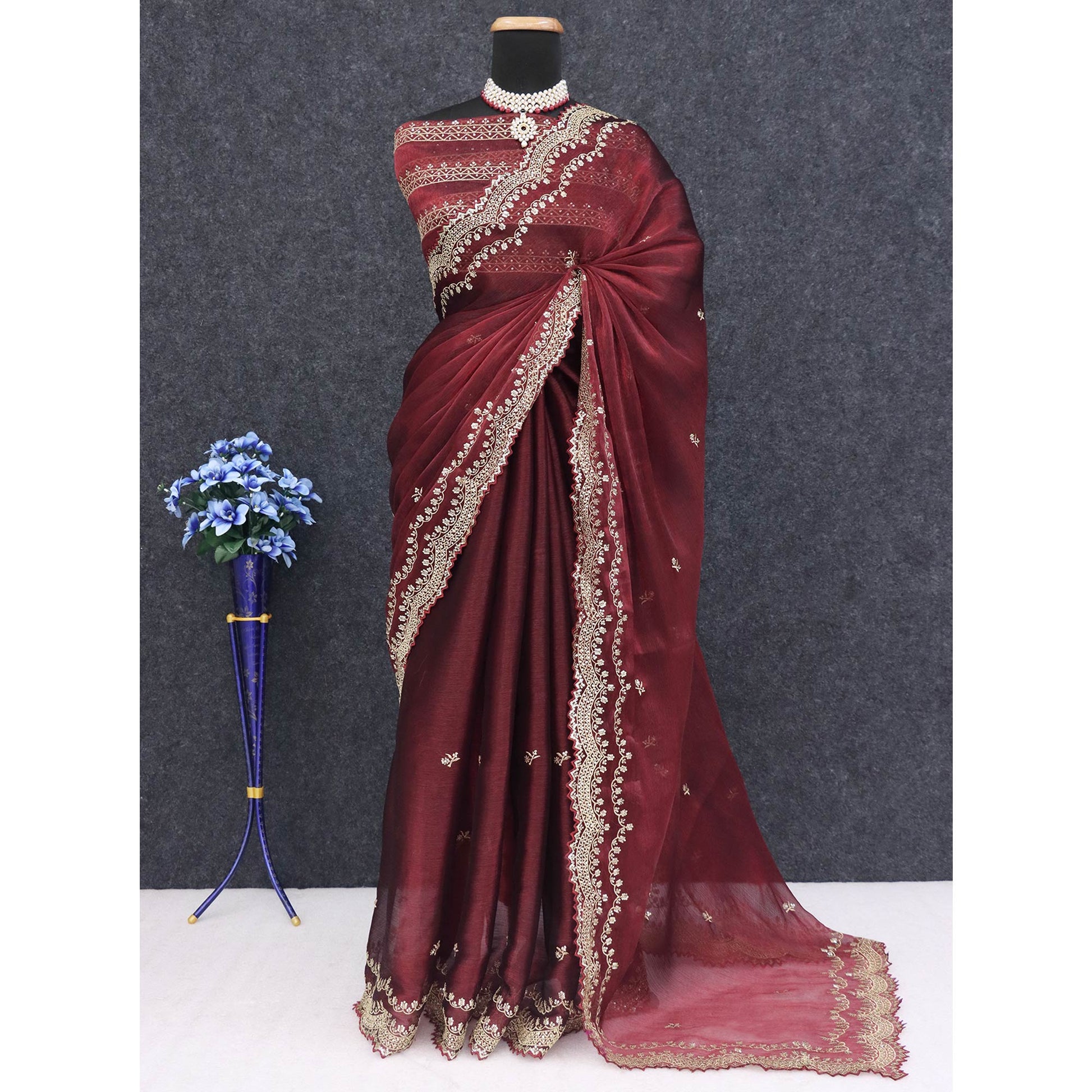 Maroon Embroidered Chiffon Saree
