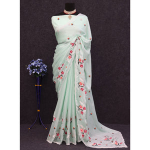 Mint Green Floral Embroidered Chiffon Saree