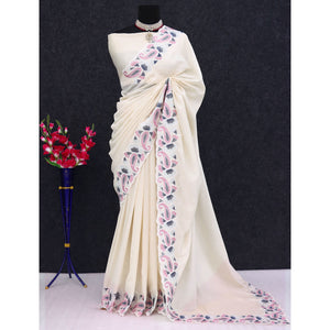 Cream Floral Embroidered Vichitra Silk Saree