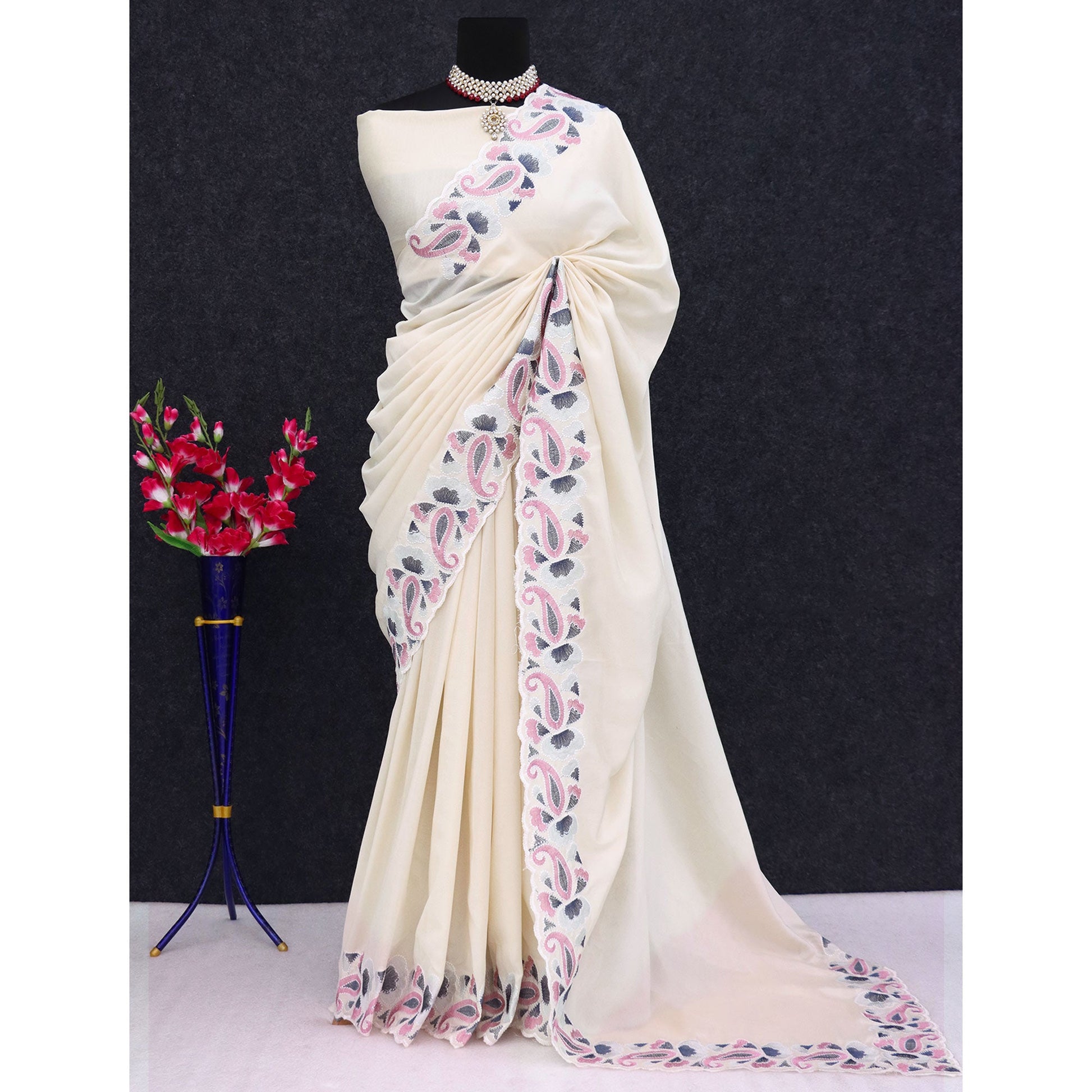 Cream Floral Embroidered Vichitra Silk Saree