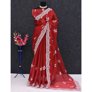 Maroon Sequins Embroidered Chiffon Saree