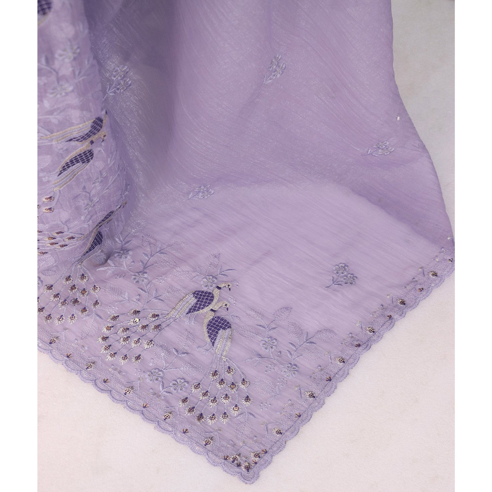 Light Lavender Floral Sequins Embroidered Art Silk Crush Saree