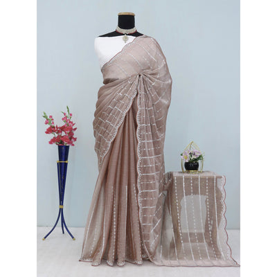 Brown Sequins Work Embroidered Chiffon Saree